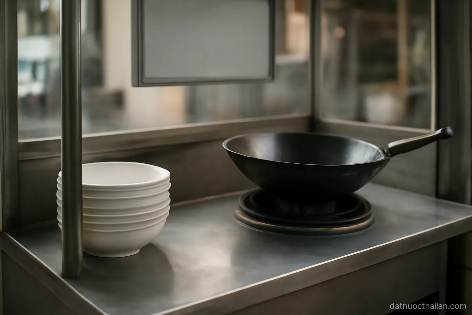 An empty metal food stall counter with stacked bowls and a wok resting on a burner, no food