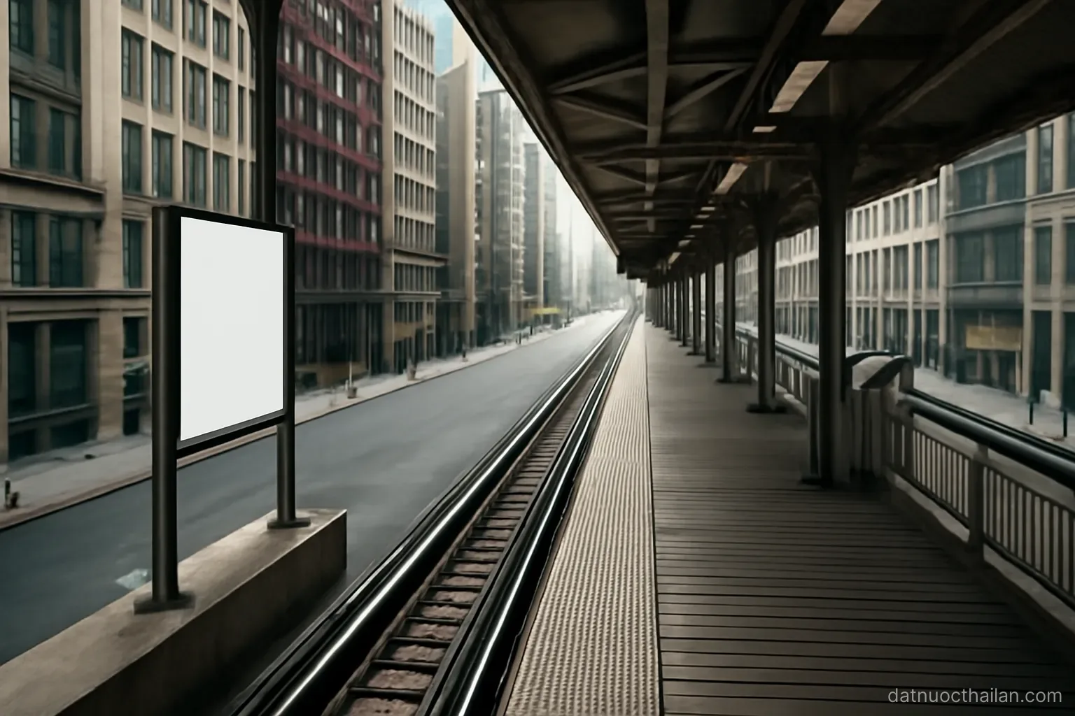 An elevated train platform above a wide road with tall buildings on both sides, empty of people