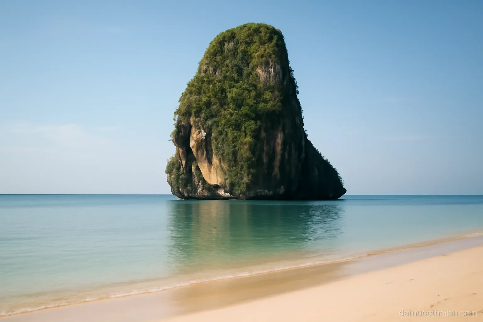 A limestone karst rising from calm sea water near a quiet beach, clear sky, no boats