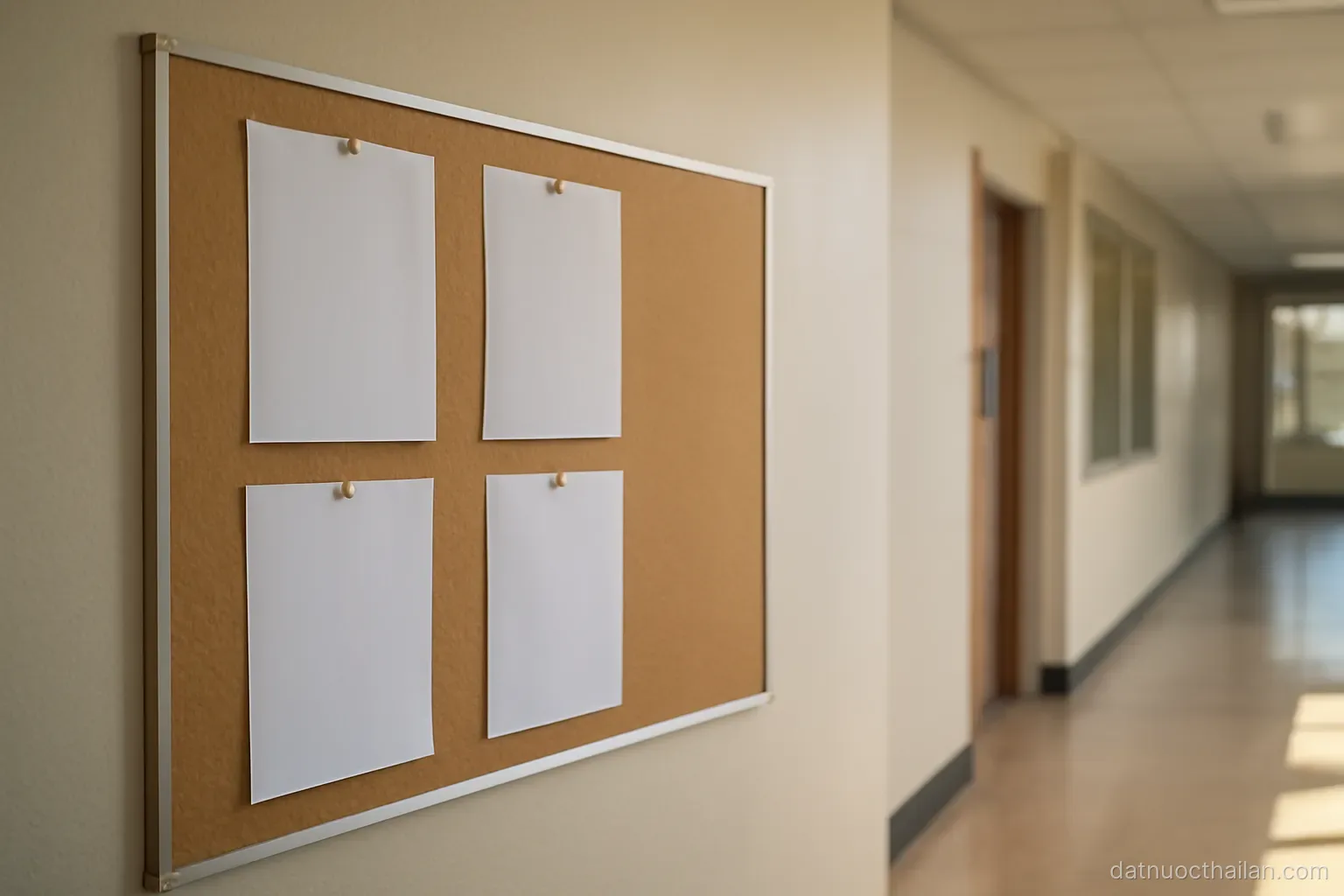 A noticeboard in a university corridor with blank pinned sheets, no text visible, natural light