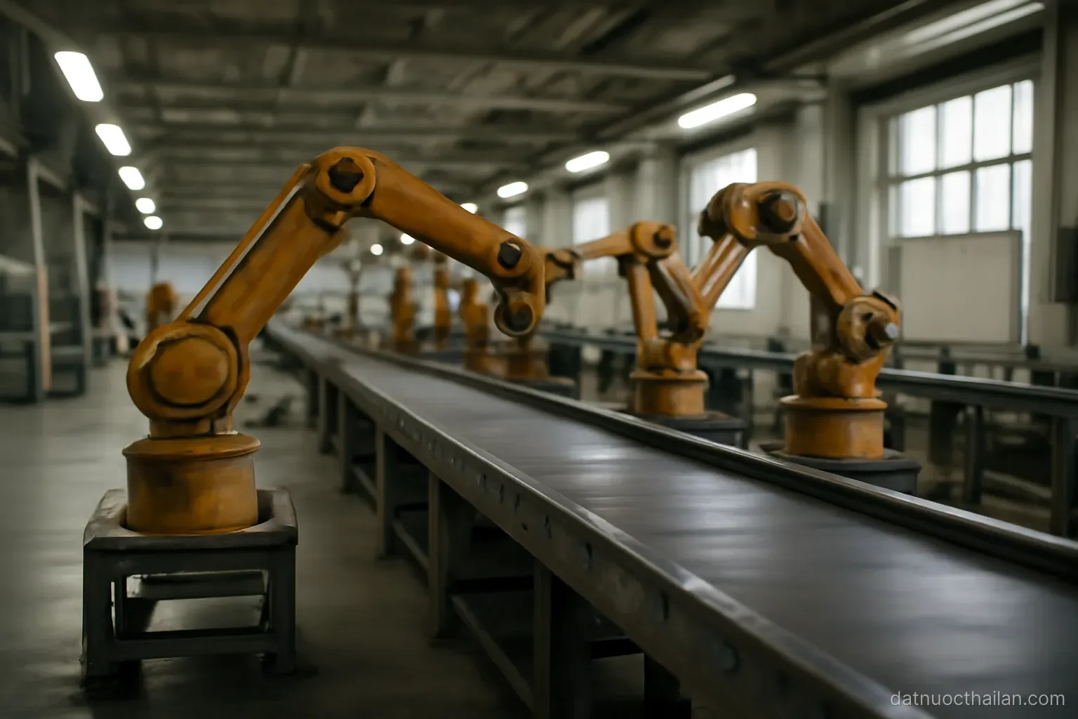 A factory assembly line with empty conveyor belts and robotic arms at rest, overhead lighting