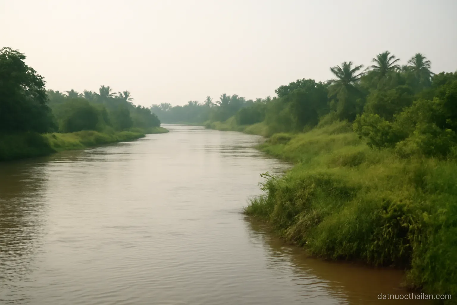 A wide river winding past low green riverbank vegetation under a hazy tropical sky, no boats