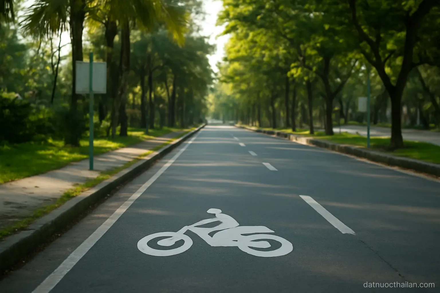 A city street with a motorbike lane marked on the asphalt, no vehicles, tropical trees along the roadside