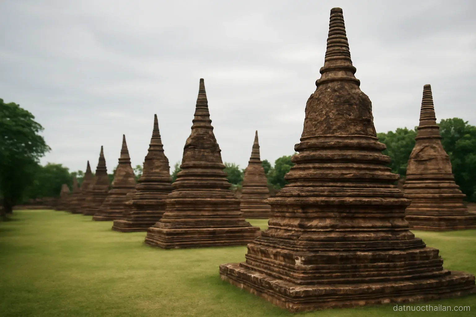 Rows of weathered brick stupas in an open historical park with mown grass, overcast sky