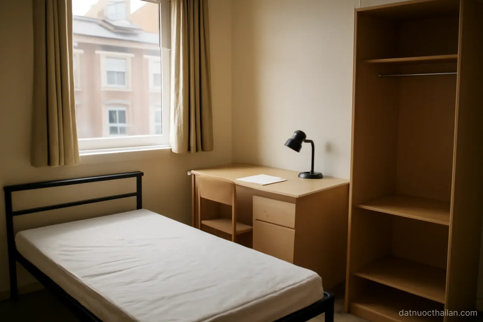 A simple student room with a bare bed frame, a desk and an empty wardrobe, window with daylight