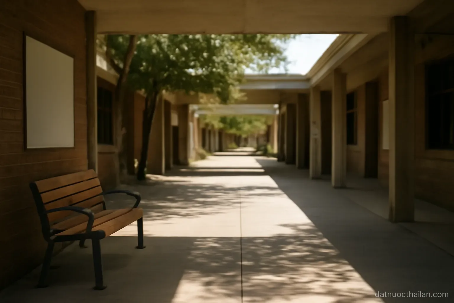 A university walkway between low buildings with covered corridors, empty benches, midday shade