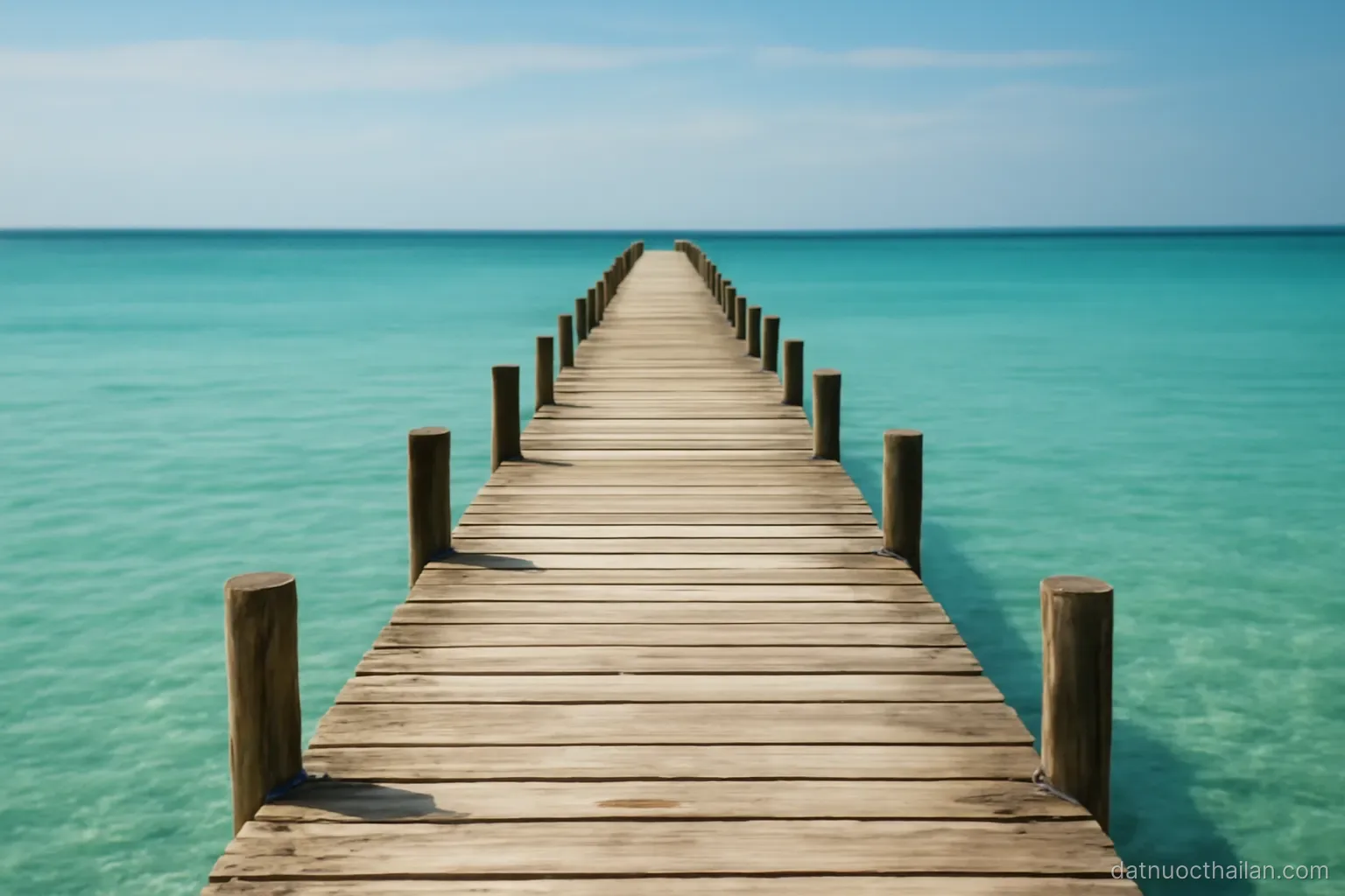 A long wooden pier stretching over calm turquoise water toward the horizon, no boats or people
