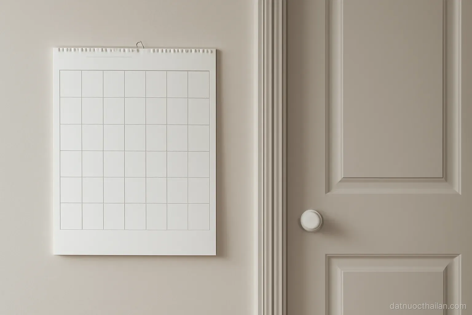A wall calendar with blank squares hanging beside a closed door, plain interior, even light