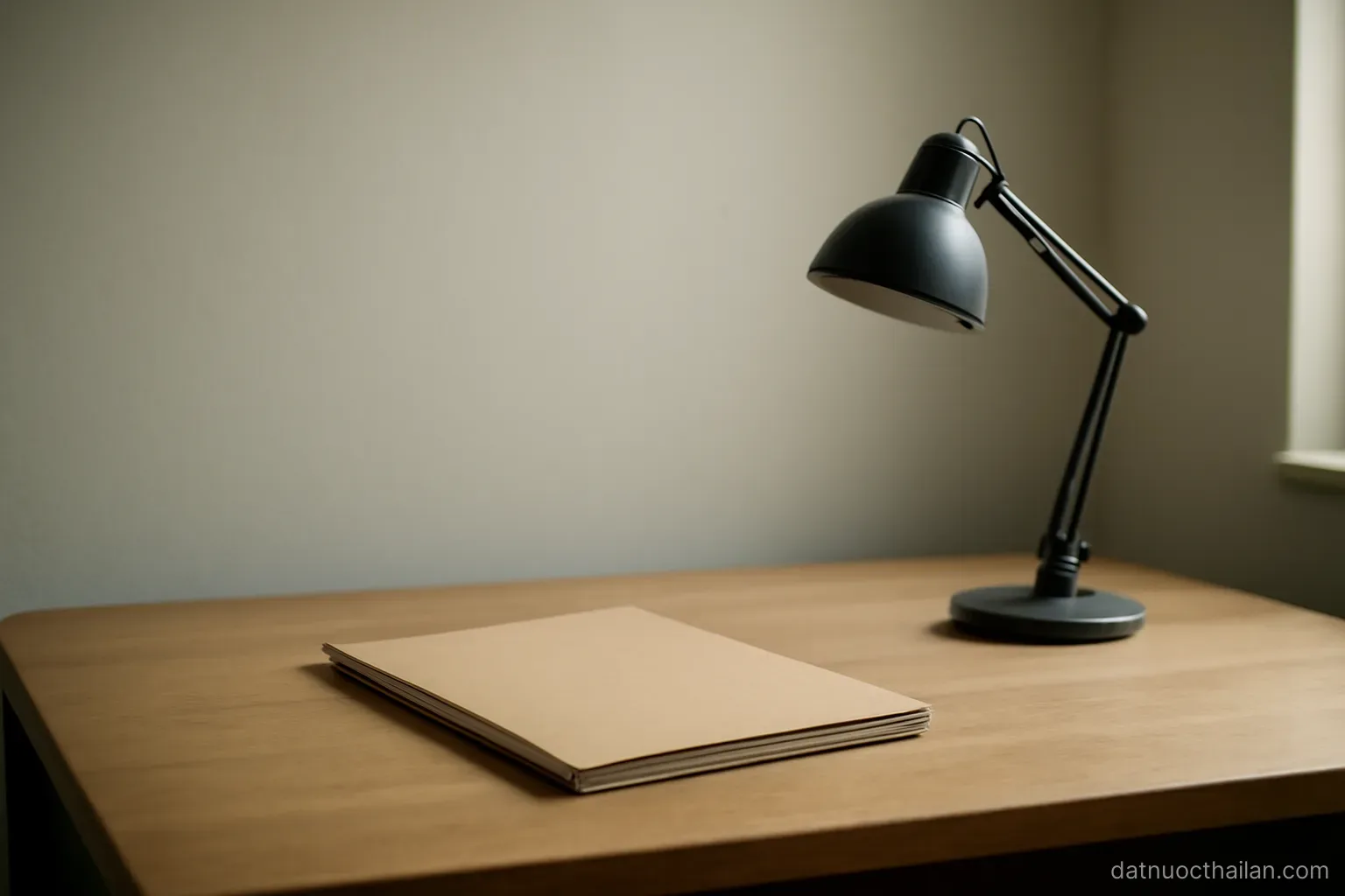 An empty office desk with a closed folder and a desk lamp switched off, bare wall behind, daylight