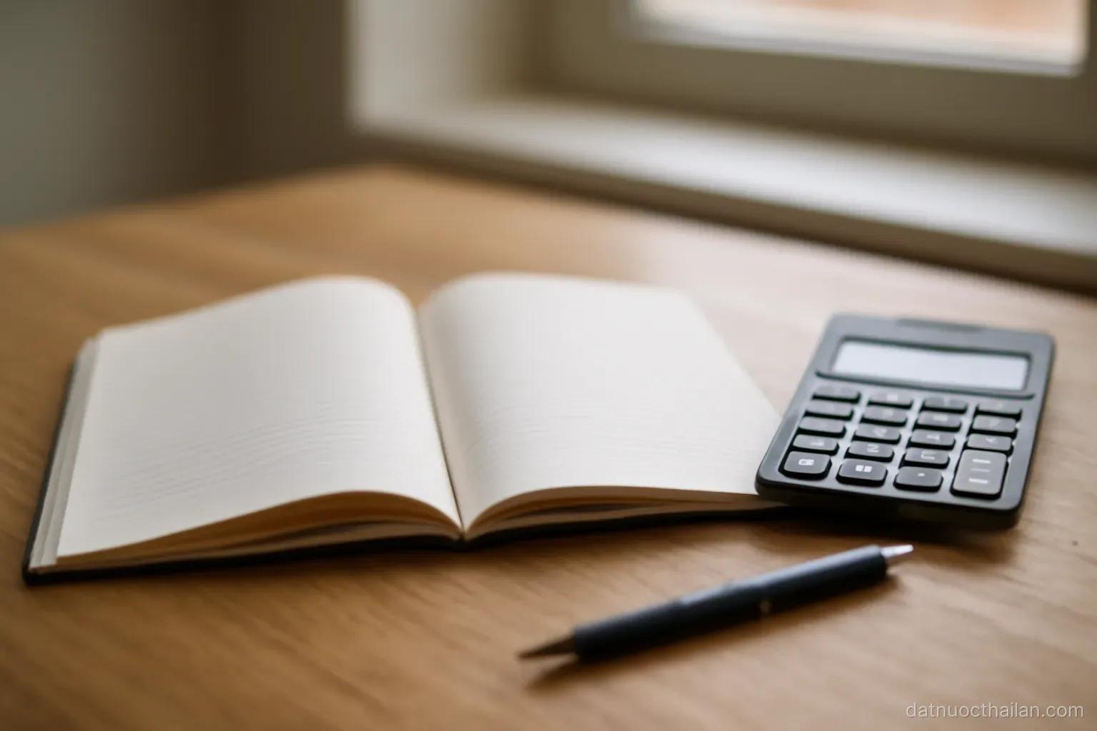 A student desk with an open blank notebook, a calculator and a pen, no numbers shown, daylight