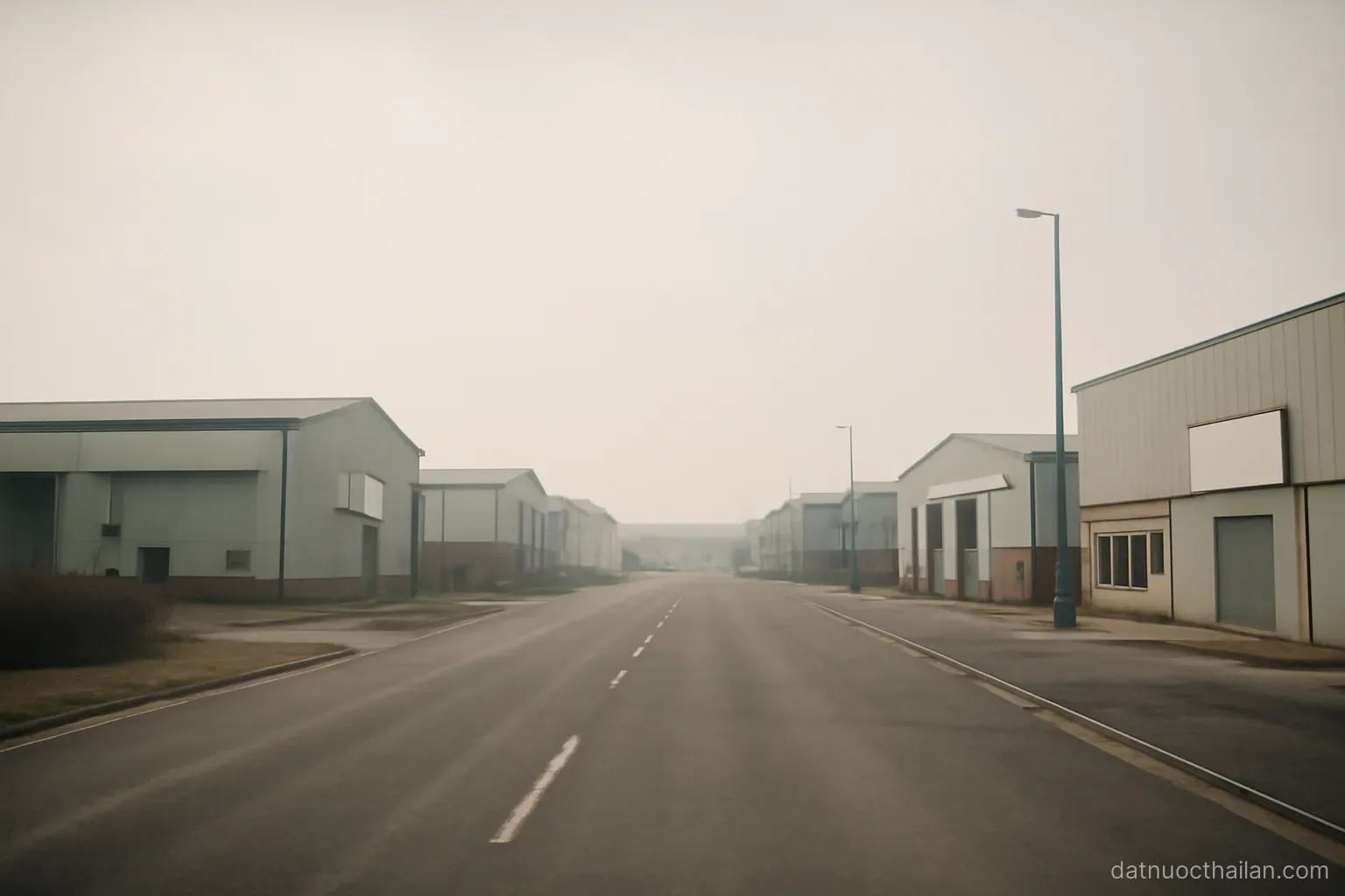An industrial estate seen from a distance with low factory buildings and wide empty roads, hazy sky