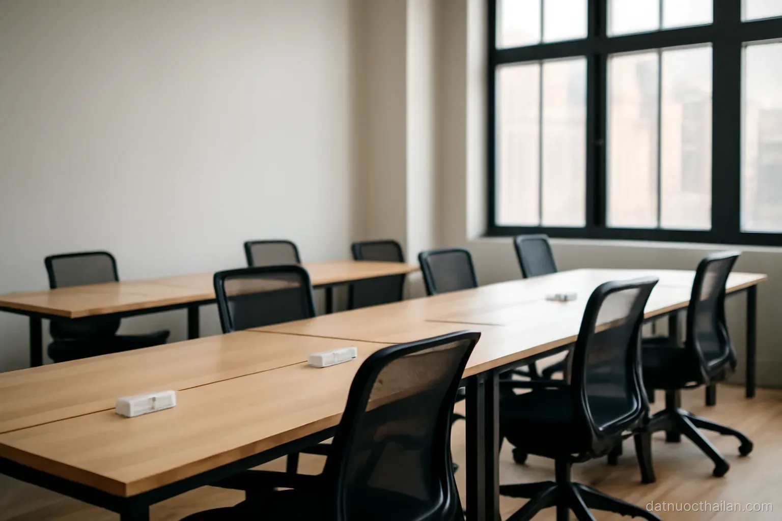 A co-working space with empty desks, power outlets and a blank wall, large windows, daylight