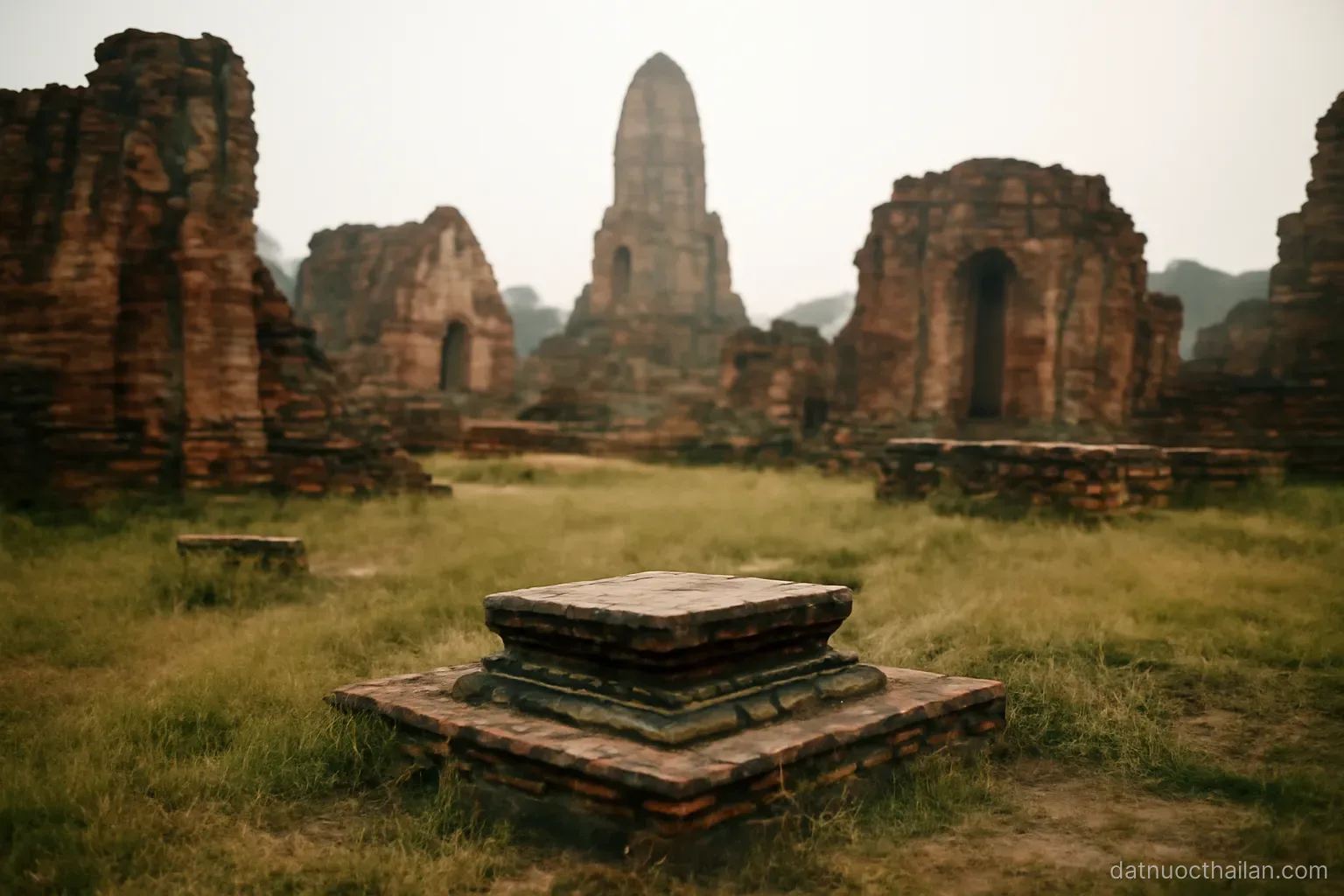 Weathered brick ruins of an old temple complex with a seated stone base, overgrown grass, hazy sky