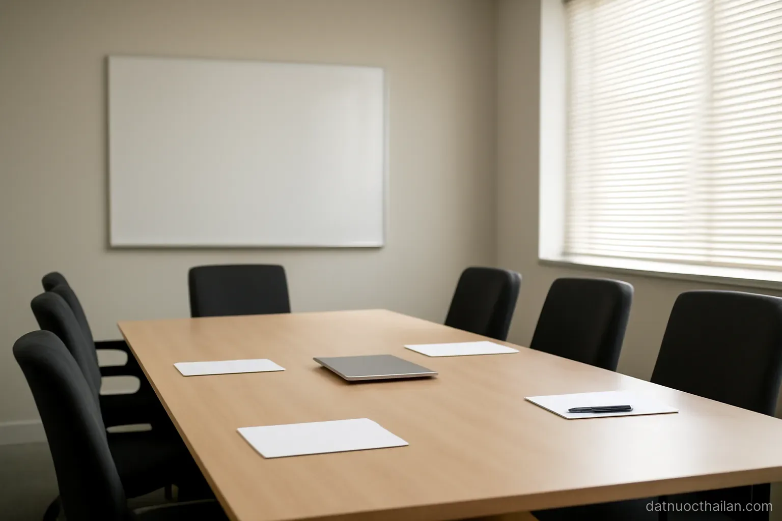 An empty meeting room with a rectangular table, blank whiteboard and closed blinds, neutral light