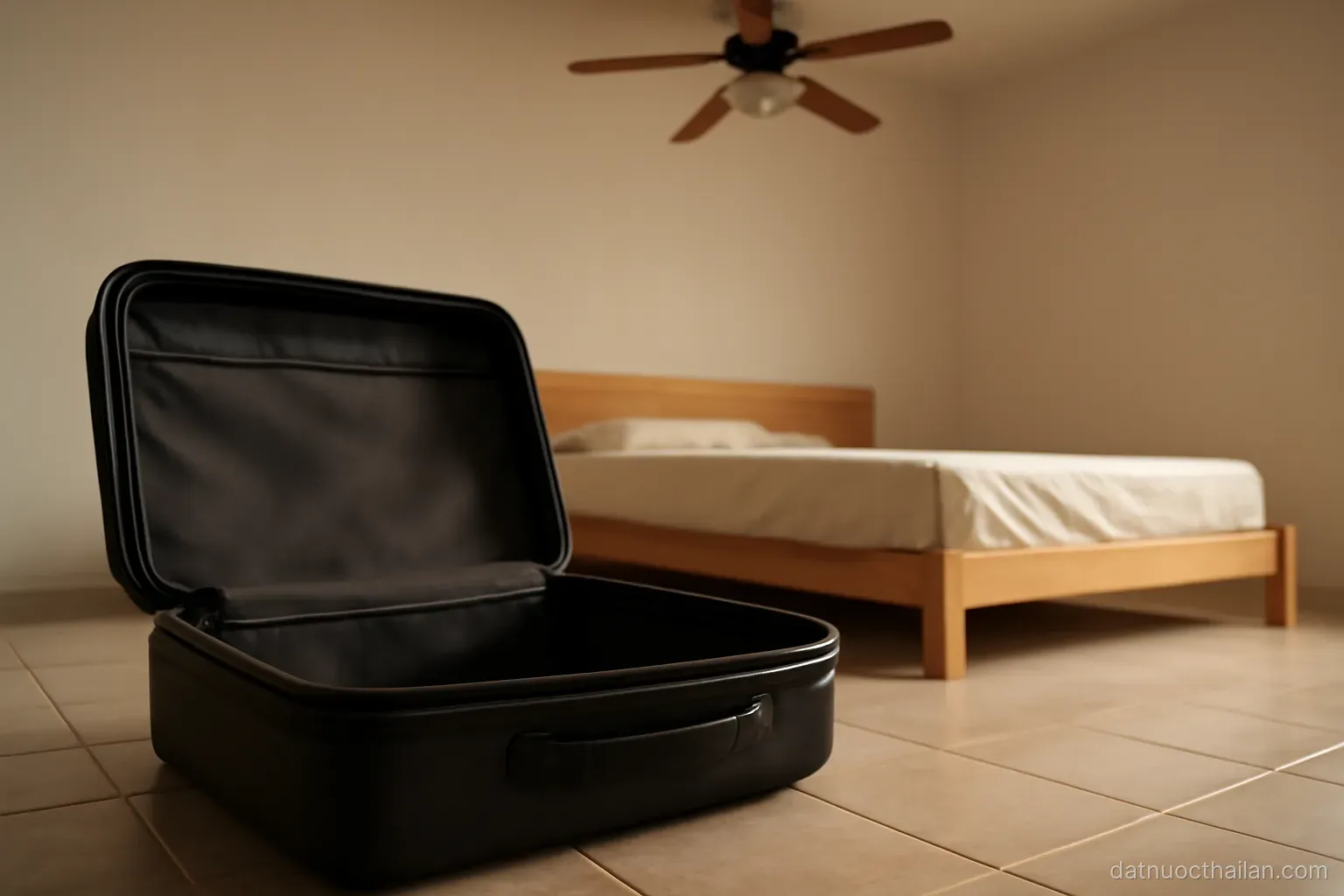 An open empty suitcase on a tiled floor beside a bare bed, ceiling fan above, warm daylight