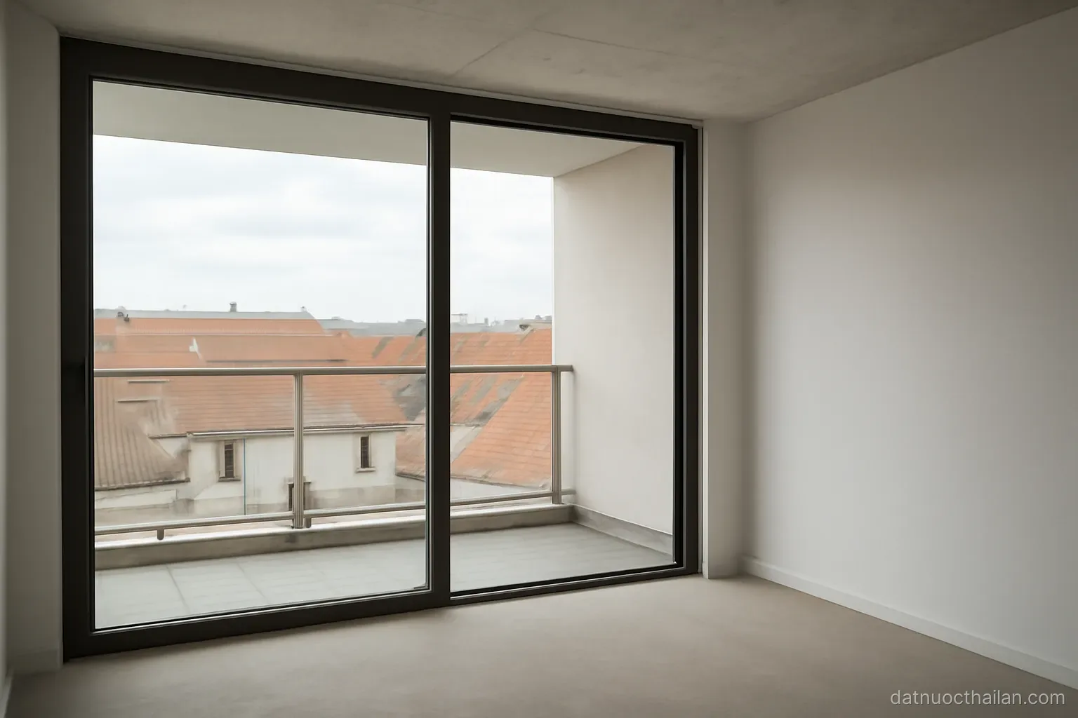 An empty condominium balcony with a glass railing overlooking rooftops, bare interior behind, daylight