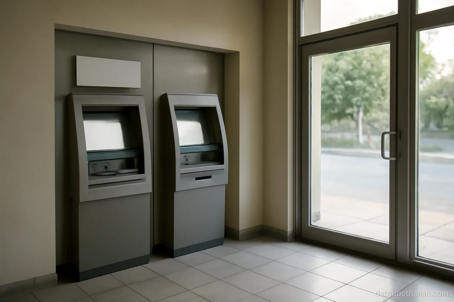 A bank ATM vestibule with two machines and a glass door, tiled floor, no people, daylight