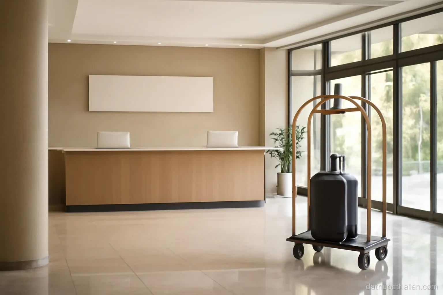 A hotel lobby with an empty reception desk, luggage trolley parked nearby, polished floor, daylight