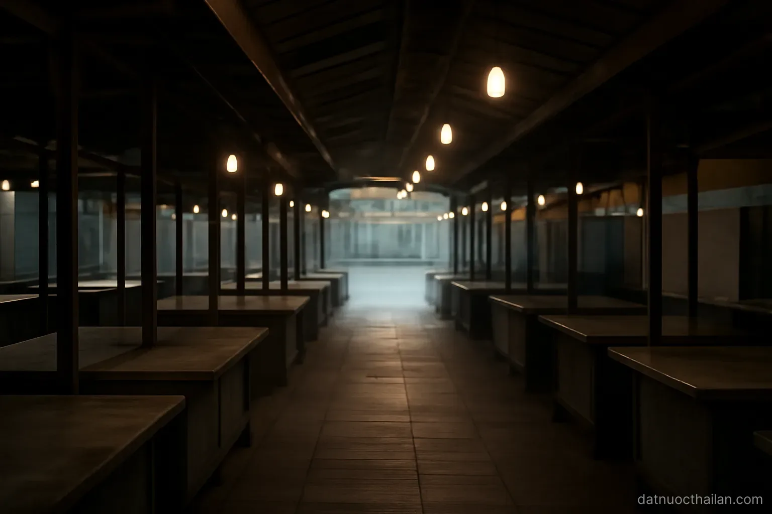 A covered market walkway with empty vendor stalls and hanging light bulbs, early morning