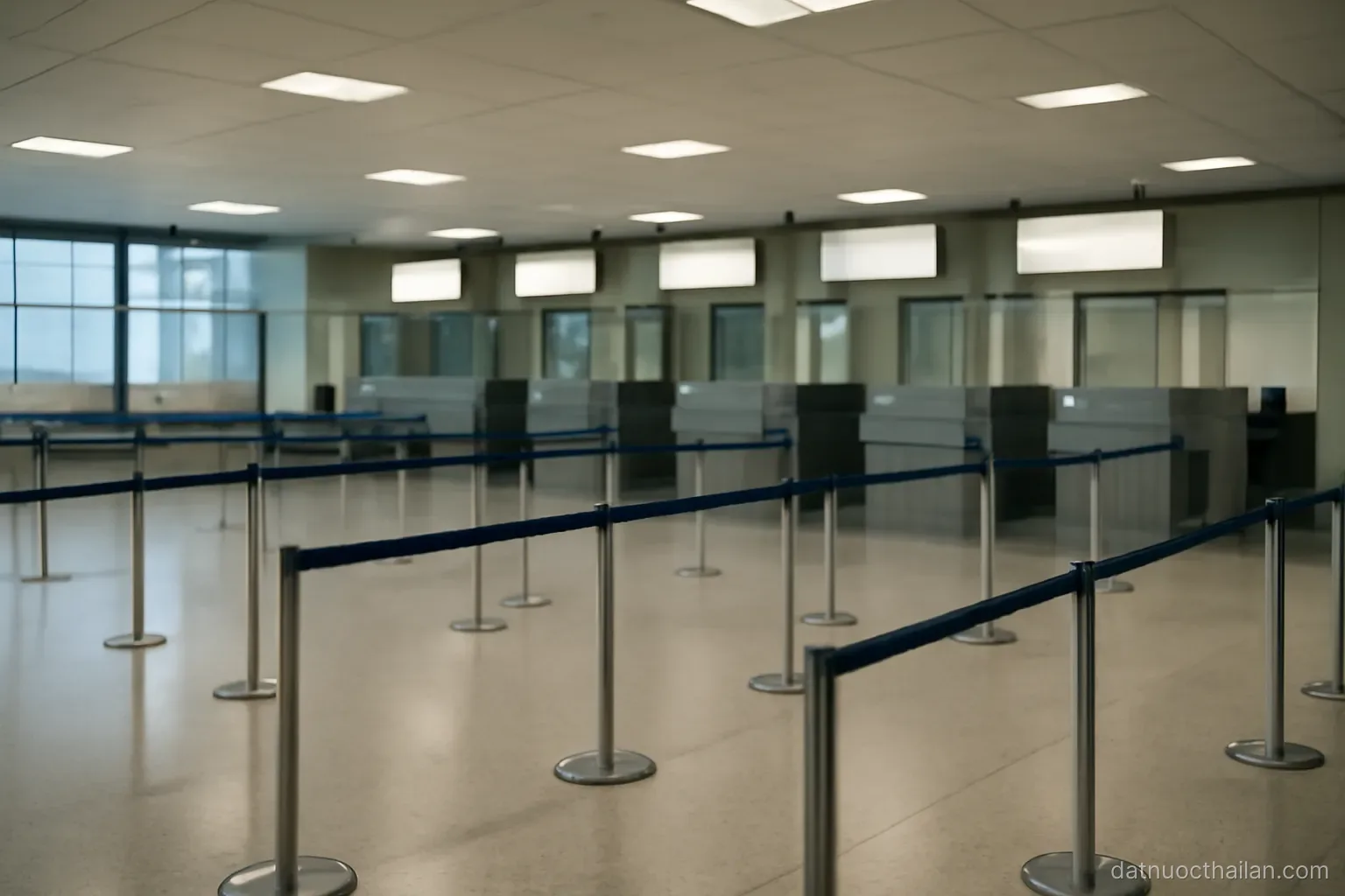 An airport immigration hall with empty queue barriers and closed booths, harsh overhead lighting