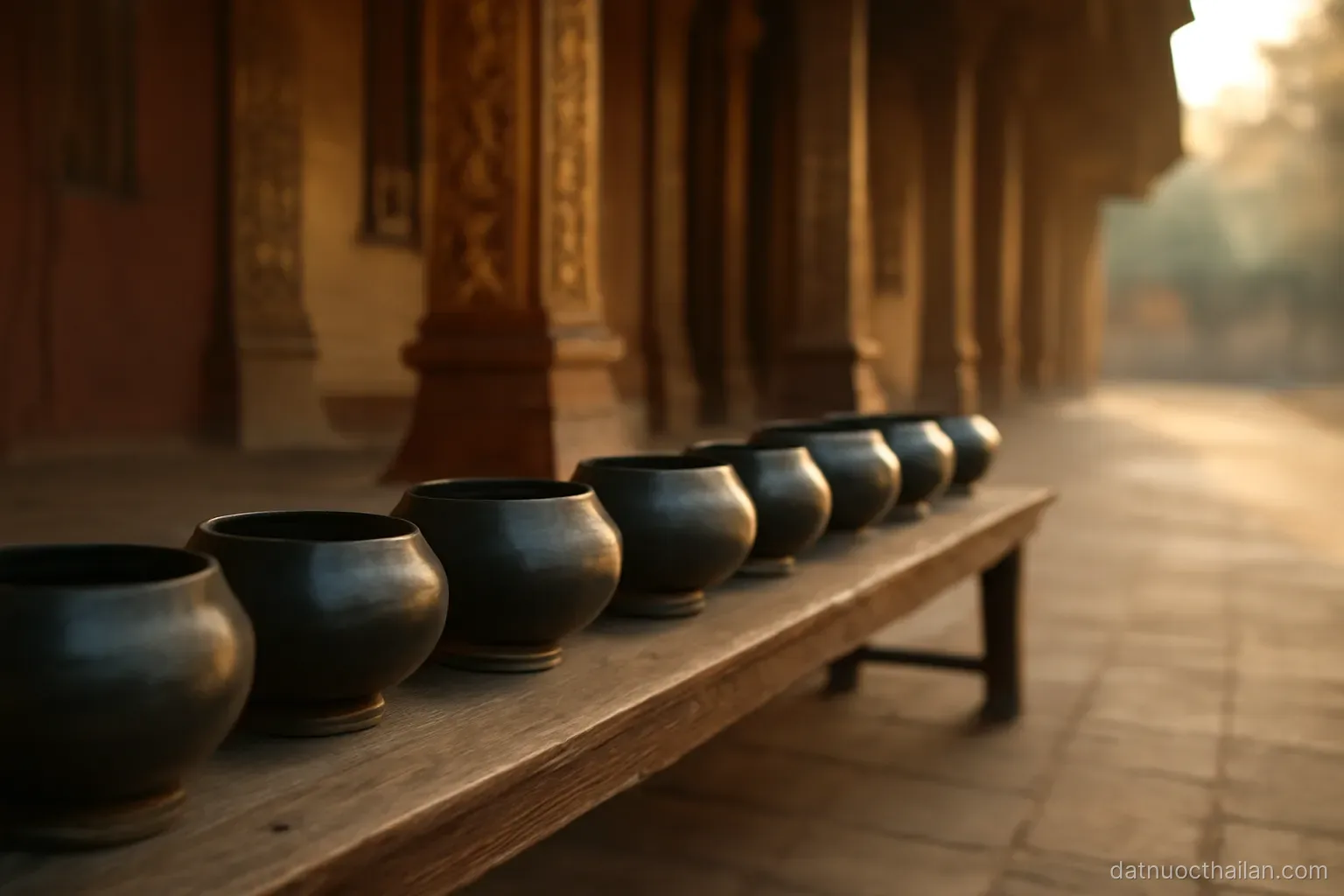 A row of alms bowls on a low bench outside a temple hall at dawn, no people present