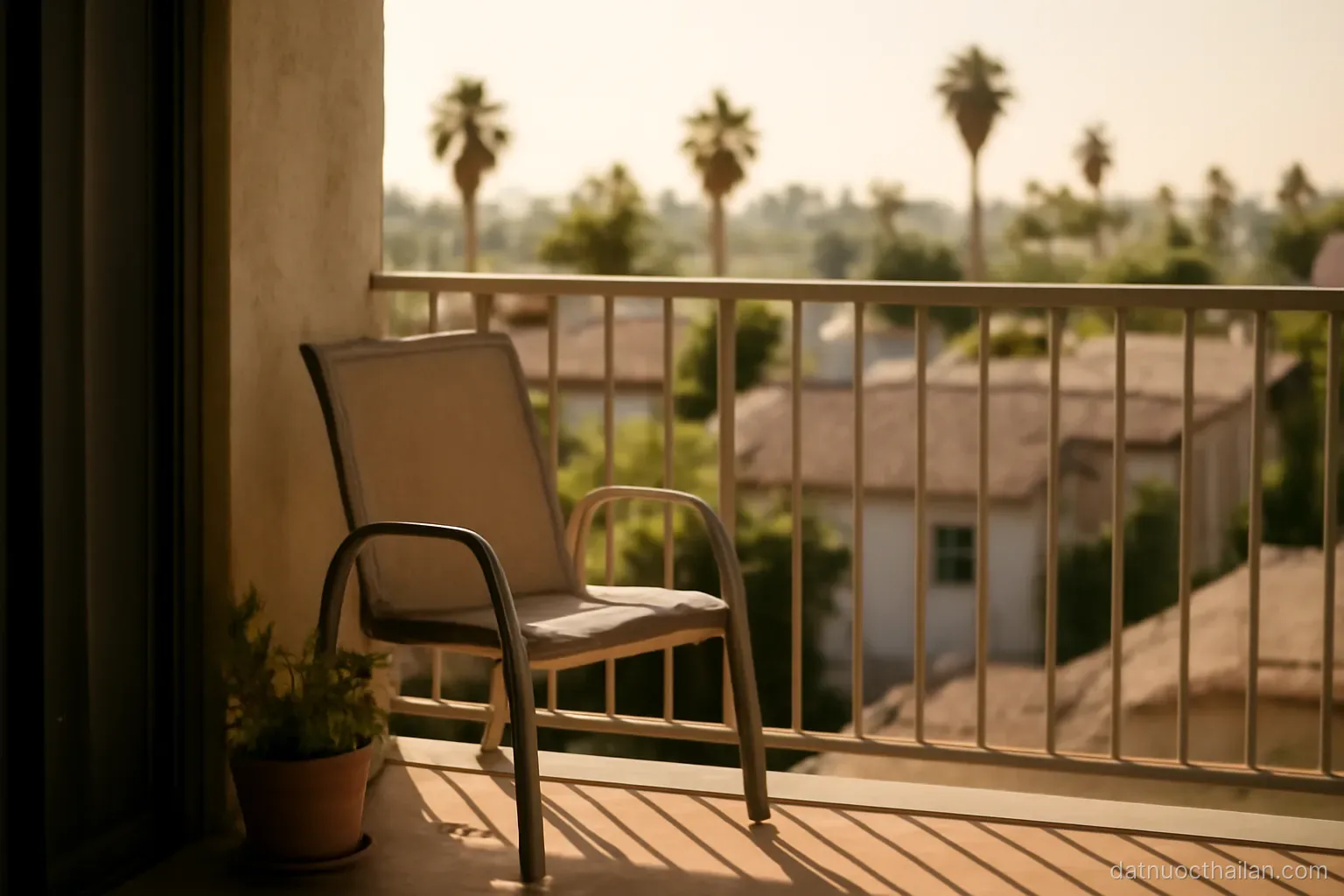 A quiet apartment balcony overlooking low rooftops and palm trees, empty chair, warm afternoon light