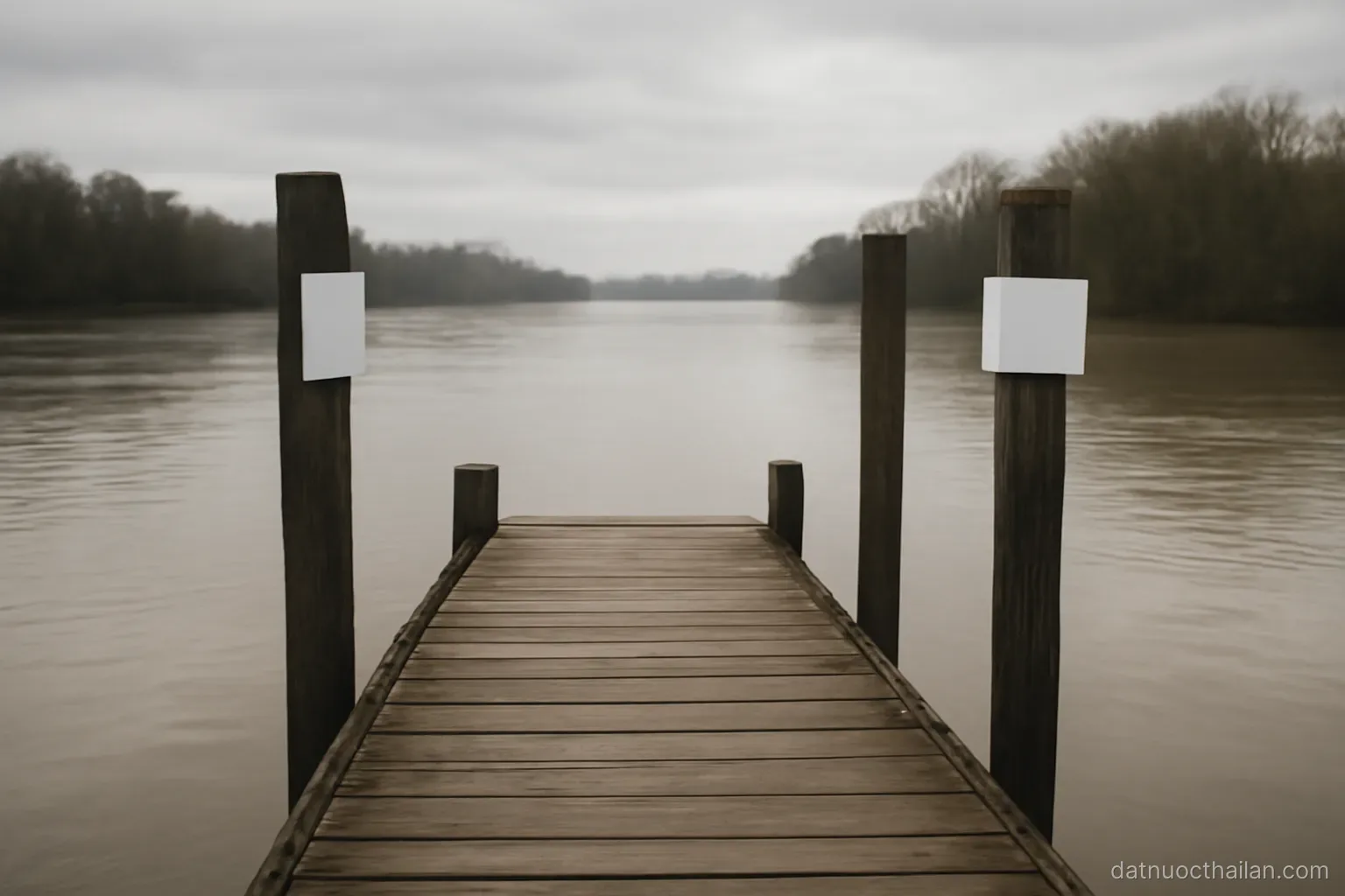 A river ferry landing with an empty wooden jetty and mooring posts, calm brown water, overcast