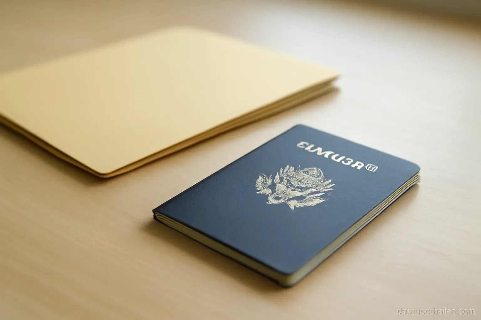 A passport lying beside a closed enrolment folder on a plain desk, soft daylight from the side