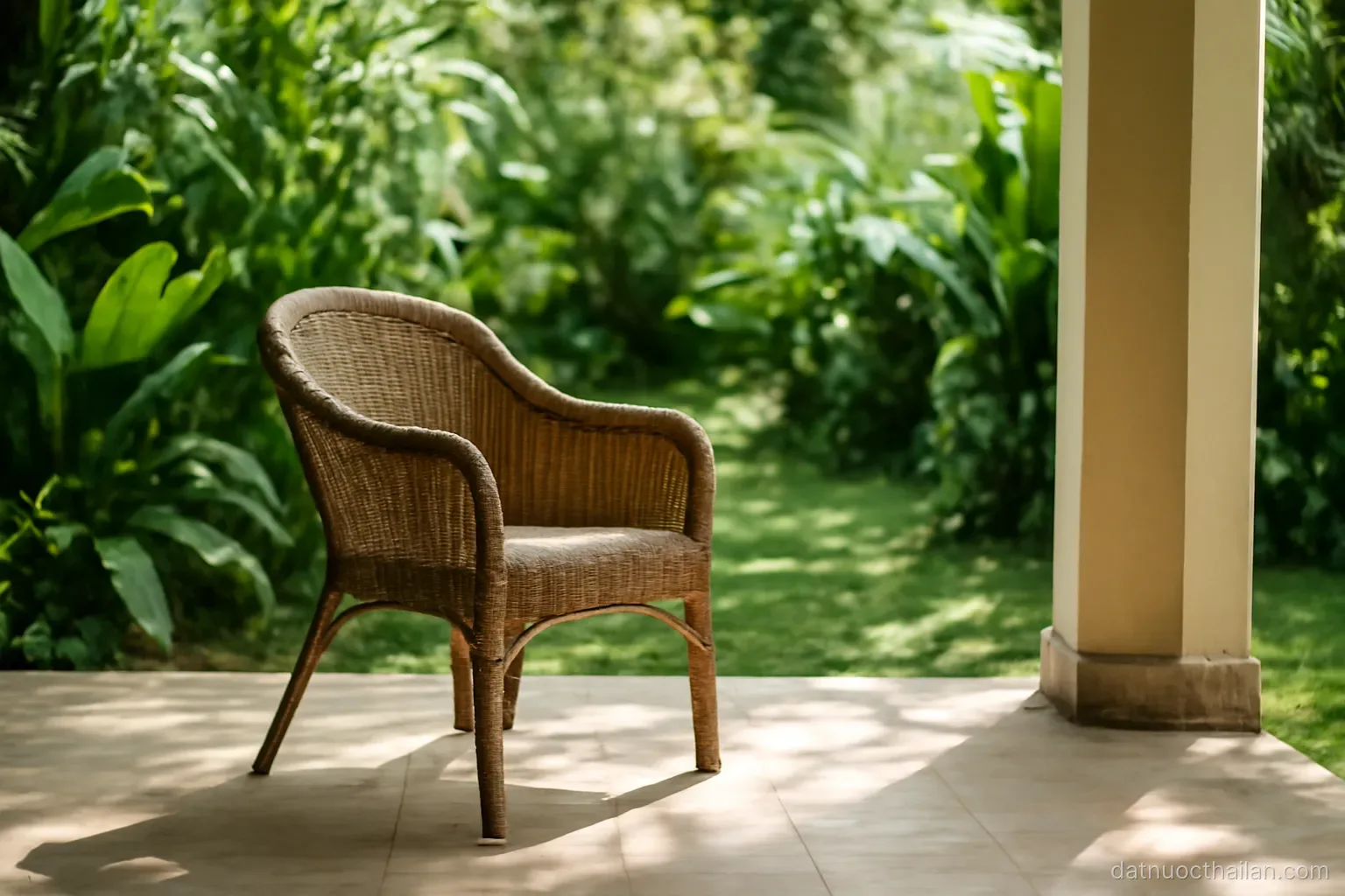 A wicker chair on a shaded veranda facing a garden with tropical plants, no people, midday