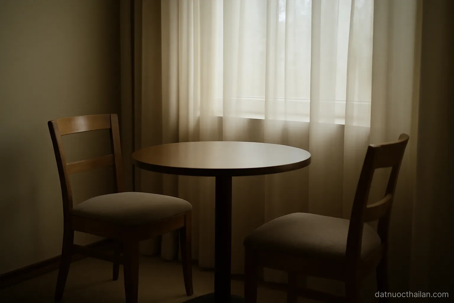 A small round table with two empty chairs beside a window with light curtains, quiet room