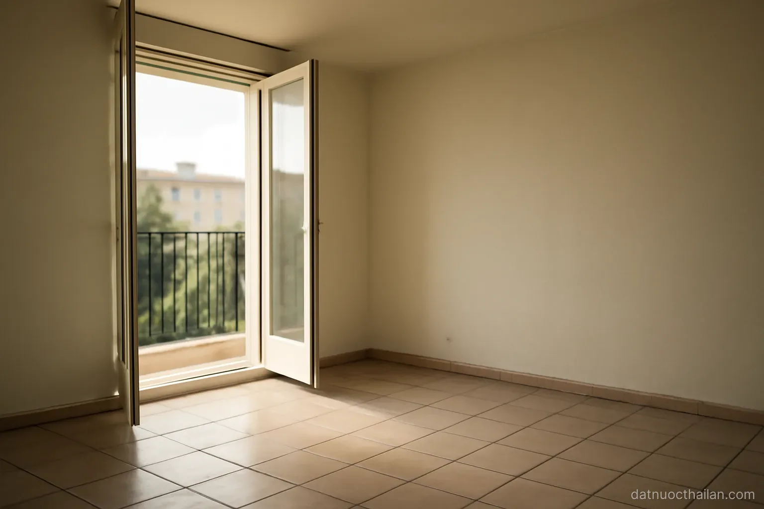 An empty apartment room with a balcony door open, tiled floor and bare walls, afternoon light