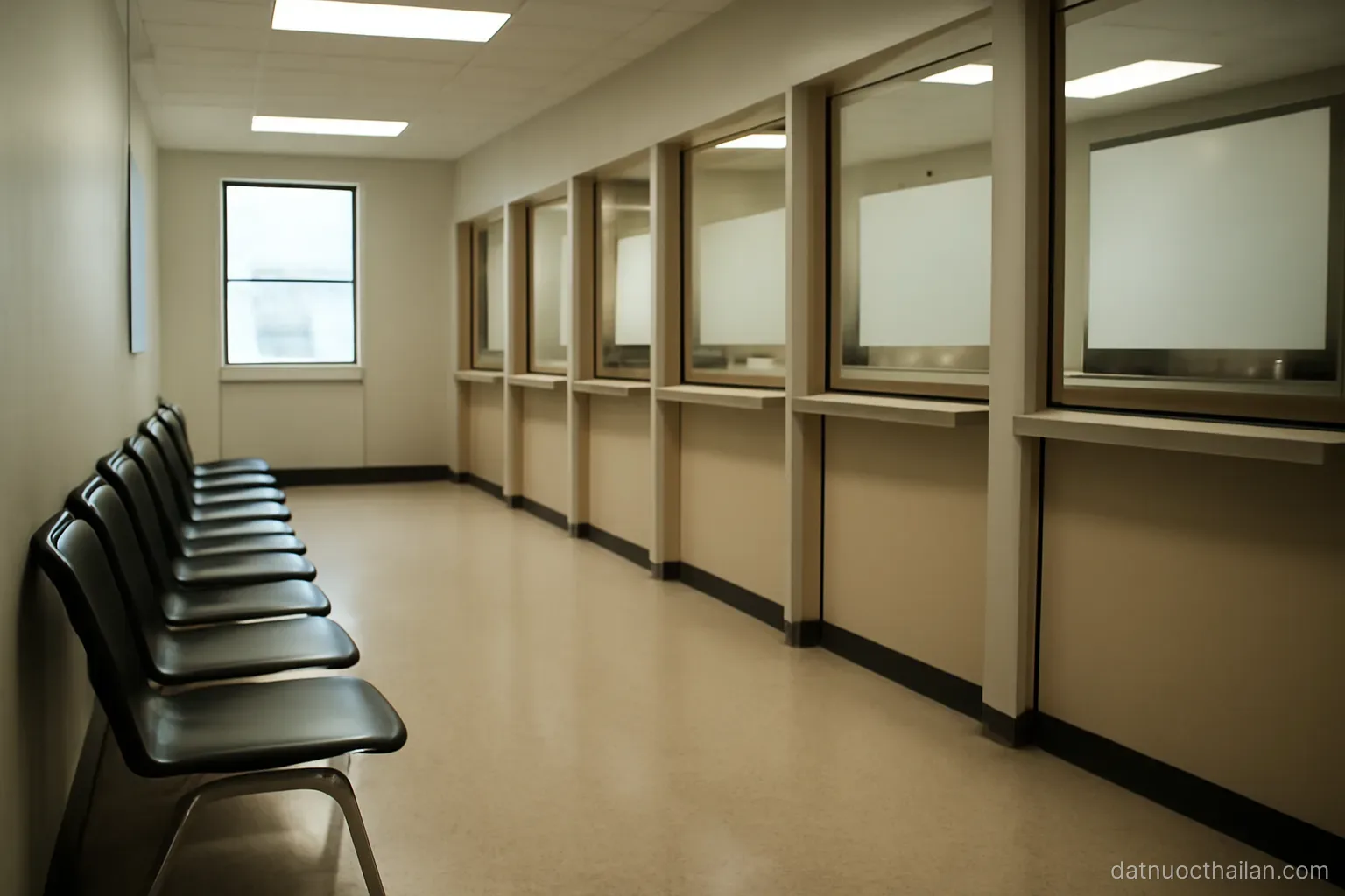 A government office corridor with a row of empty waiting chairs and closed counters, fluorescent light