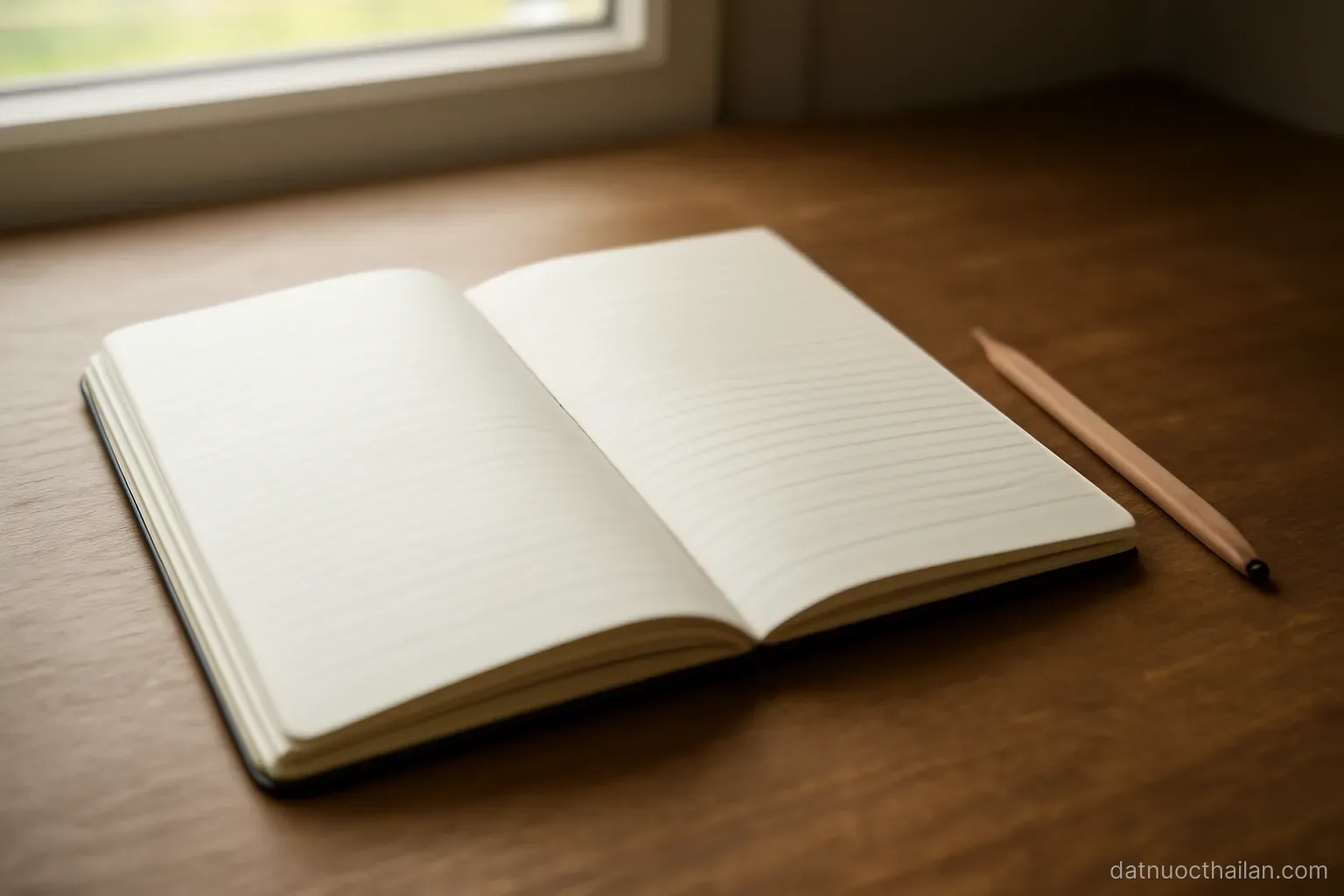 A blank lined notebook open on a desk with a pencil beside it, soft daylight from a window