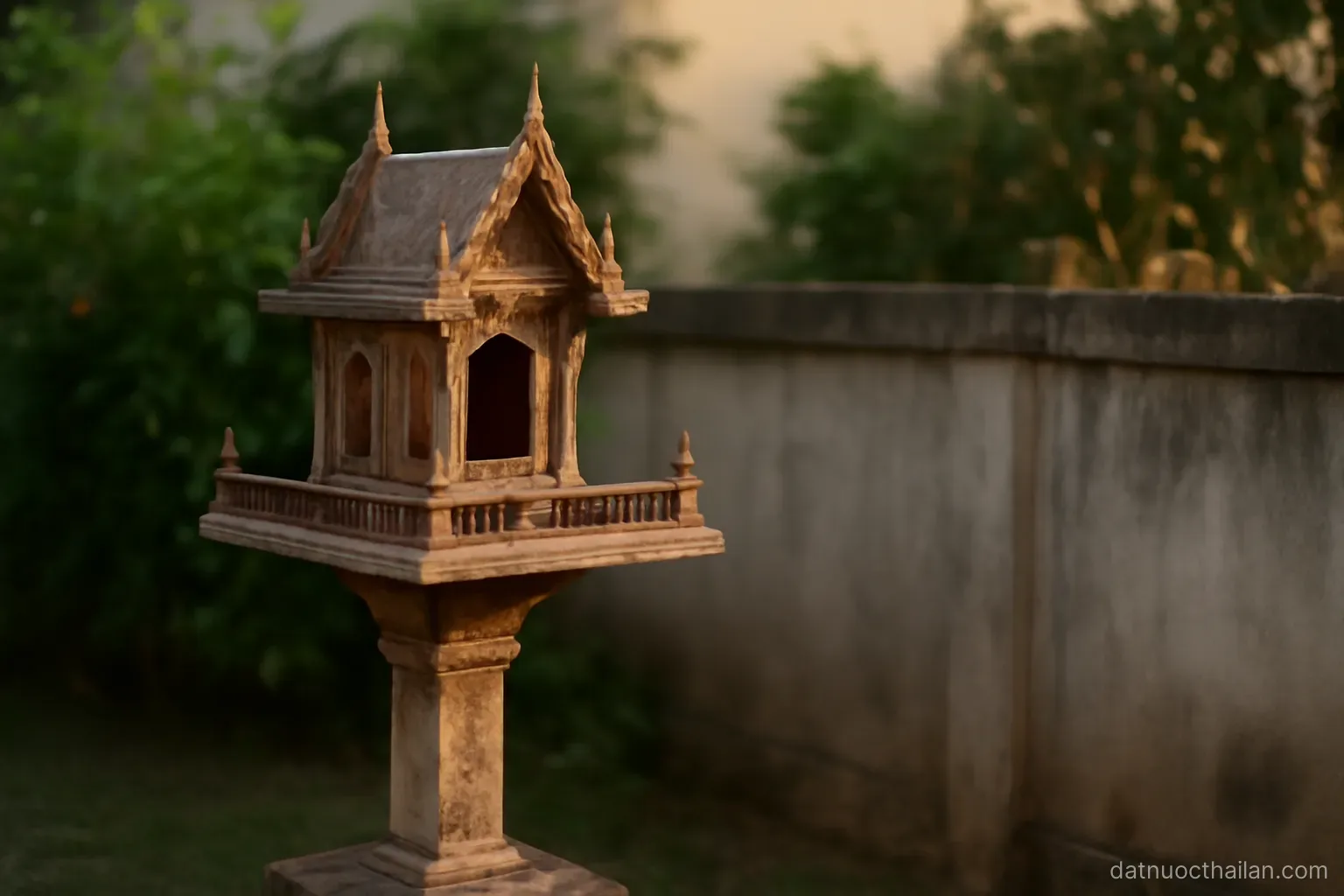 A small household spirit house on a pedestal beside a garden wall, offerings absent, morning light