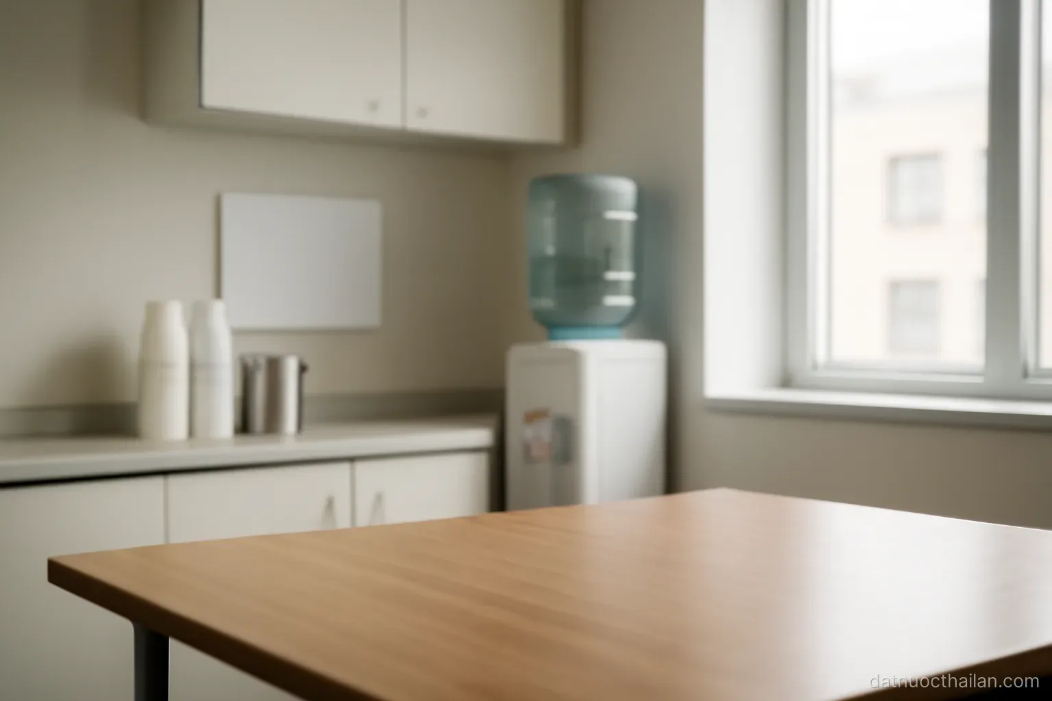 An office pantry with an empty table, stacked cups and a water dispenser, no people, daylight