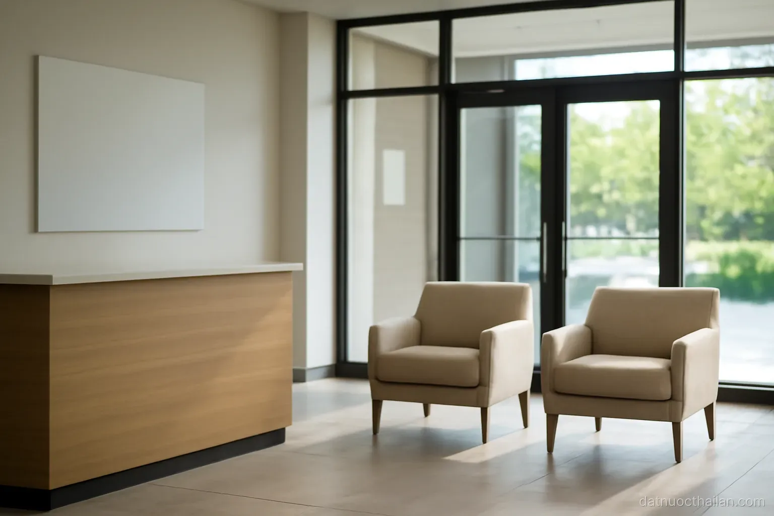 An office lobby with an empty reception counter and two armchairs, glass doors behind, daylight