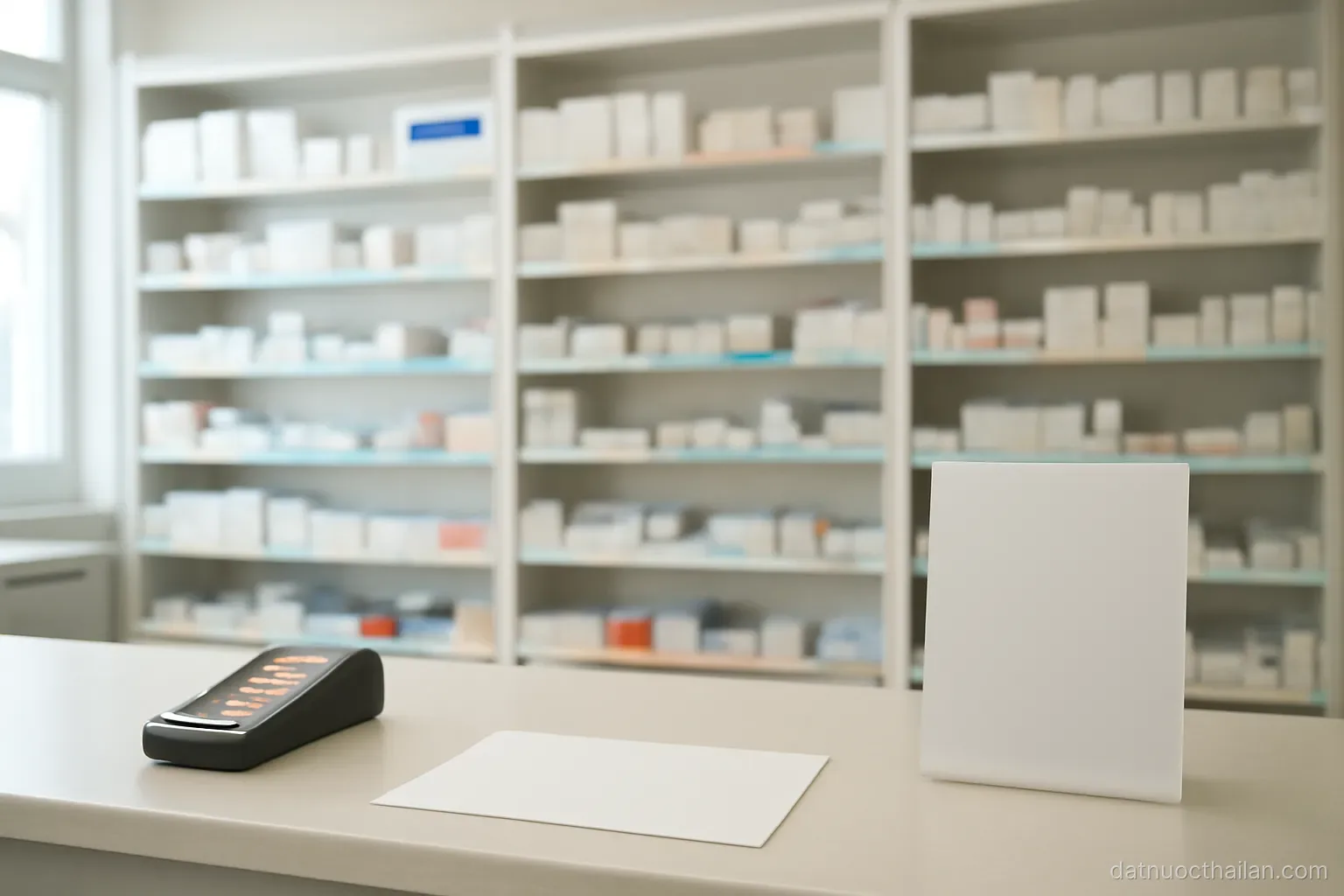 A pharmacy counter with shelves of unlabelled boxes behind it, no staff, bright indoor lighting
