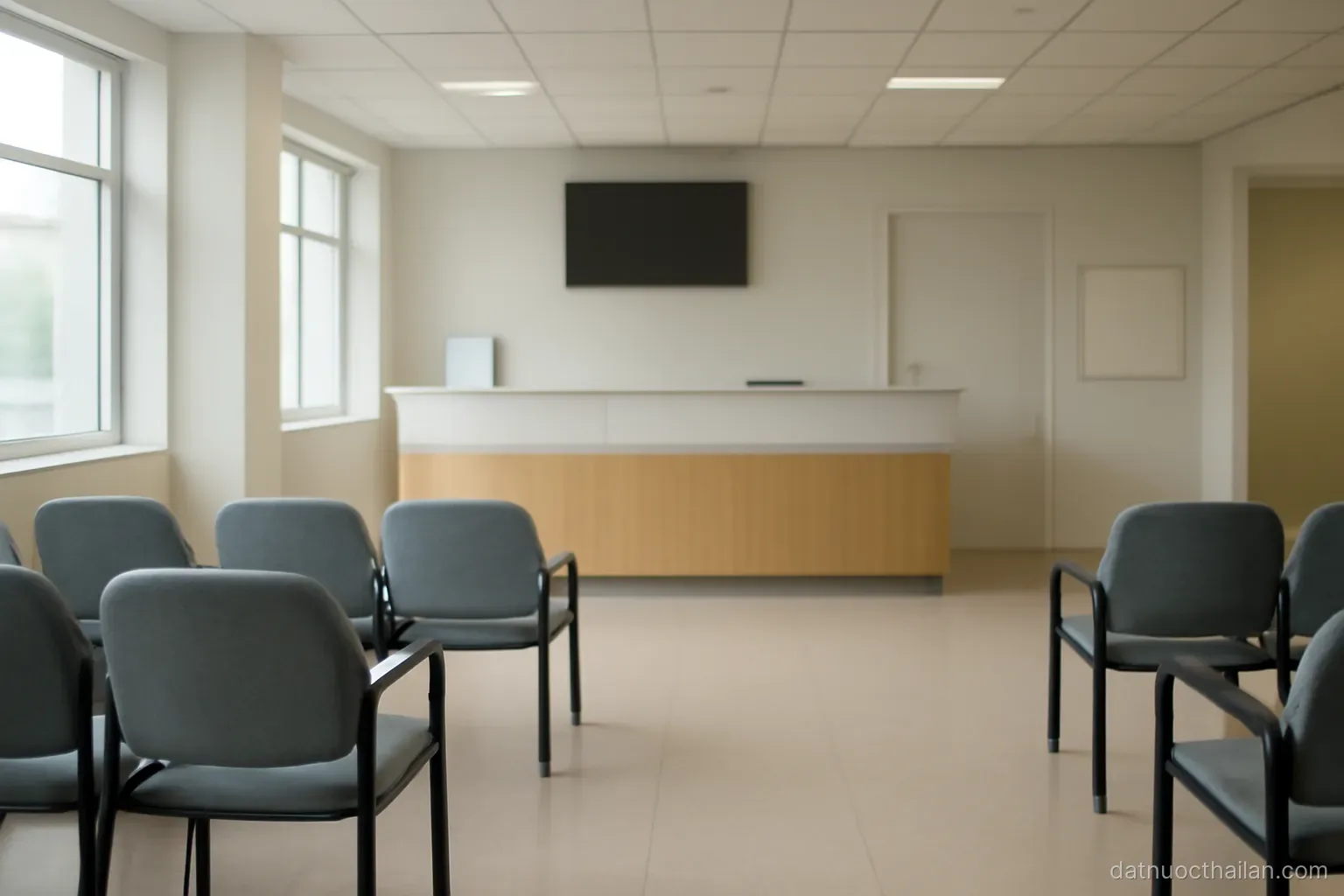 A hospital reception area with empty waiting chairs and a closed information counter, clean interior
